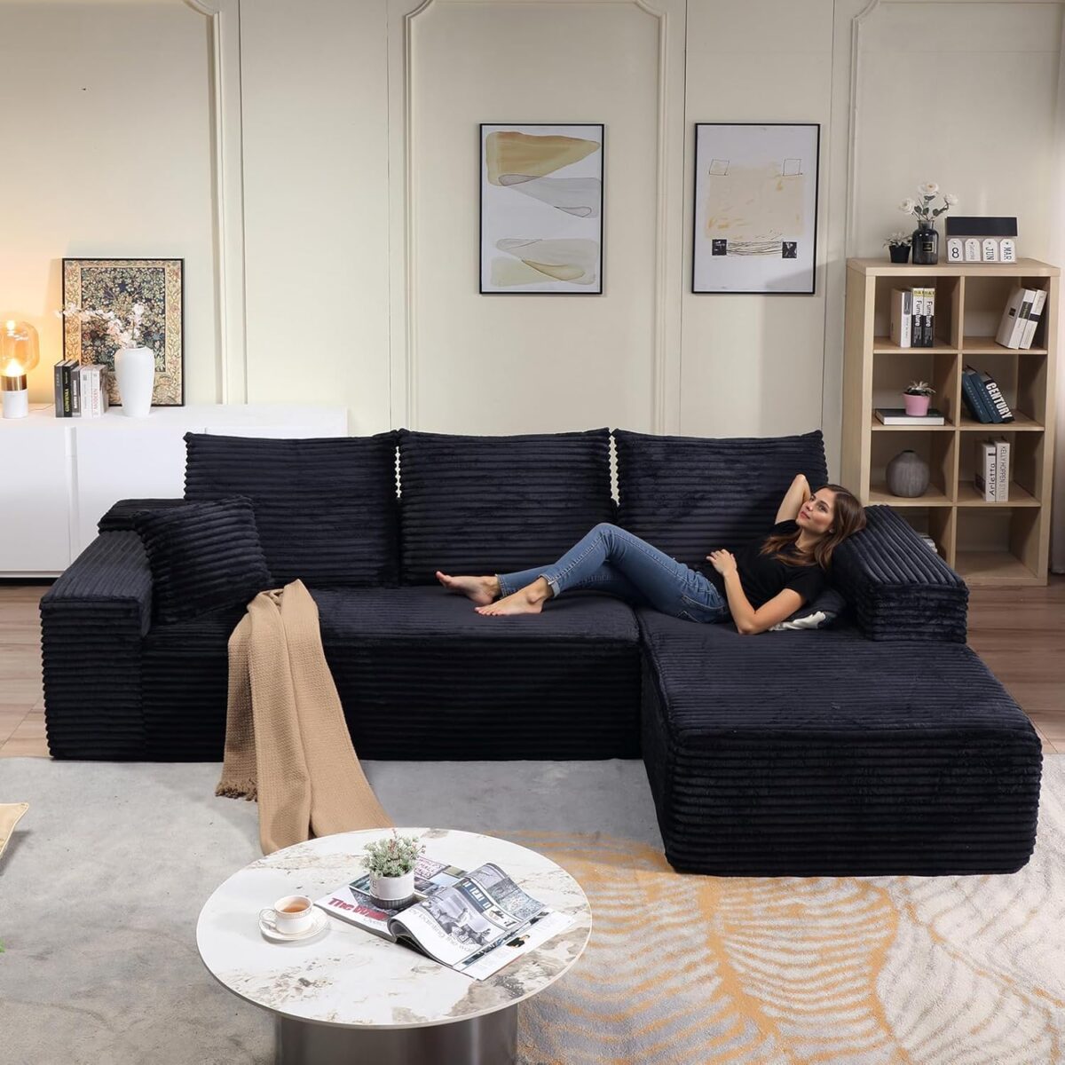 107" Modular Sectional Couches for Living Room, Comfy Boneless L Shaped Cloud Couch with Chaise Lounge, Modern Cozy Corduroy Deep Seat Floor Sofa, Memory Foam, No Assembly Required, Black - Image 2