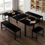 Feonase 5-Piece Dining Table Set for 4-8 People, 63" Large Extendable Kitchen Table Set with 2 Benches and 2 Square Stools, Dining Room Table with MDF Wood Board, Easy Assembly, Black - Image 3