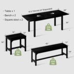Feonase 5-Piece Dining Table Set for 4-8 People, 63" Large Extendable Kitchen Table Set with 2 Benches and 2 Square Stools, Dining Room Table with MDF Wood Board, Easy Assembly, Black - Image 4