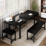 Feonase 5-Piece Dining Table Set for 4-8 People, 63" Large Extendable Kitchen Table Set with 2 Benches and 2 Square Stools, Dining Room Table with MDF Wood Board, Easy Assembly, Black - Image 8