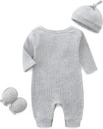 Baby Romper with Baby Mittens & Newborn Hats Footless Long Sleeve Solid Onesie Hi Im New Here - Image 3
