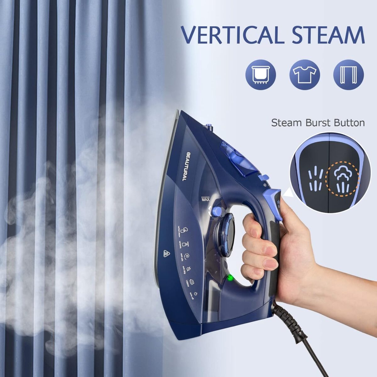 BEAUTURAL Steam Iron for Clothes with Precision Thermostat Dial, Ceramic Coated Soleplate, 3-Way Auto-Off, Self-Cleaning, Anti-Calcium, Anti-Drip Blue - Image 5