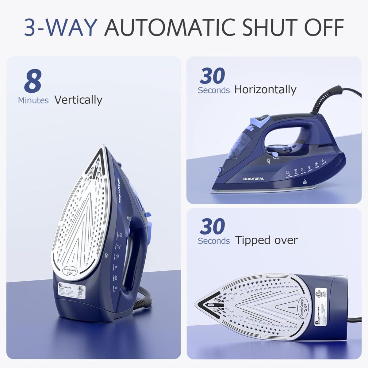 BEAUTURAL Steam Iron for Clothes with Precision Thermostat Dial, Ceramic Coated Soleplate, 3-Way Auto-Off, Self-Cleaning, Anti-Calcium, Anti-Drip Blue - Image 6