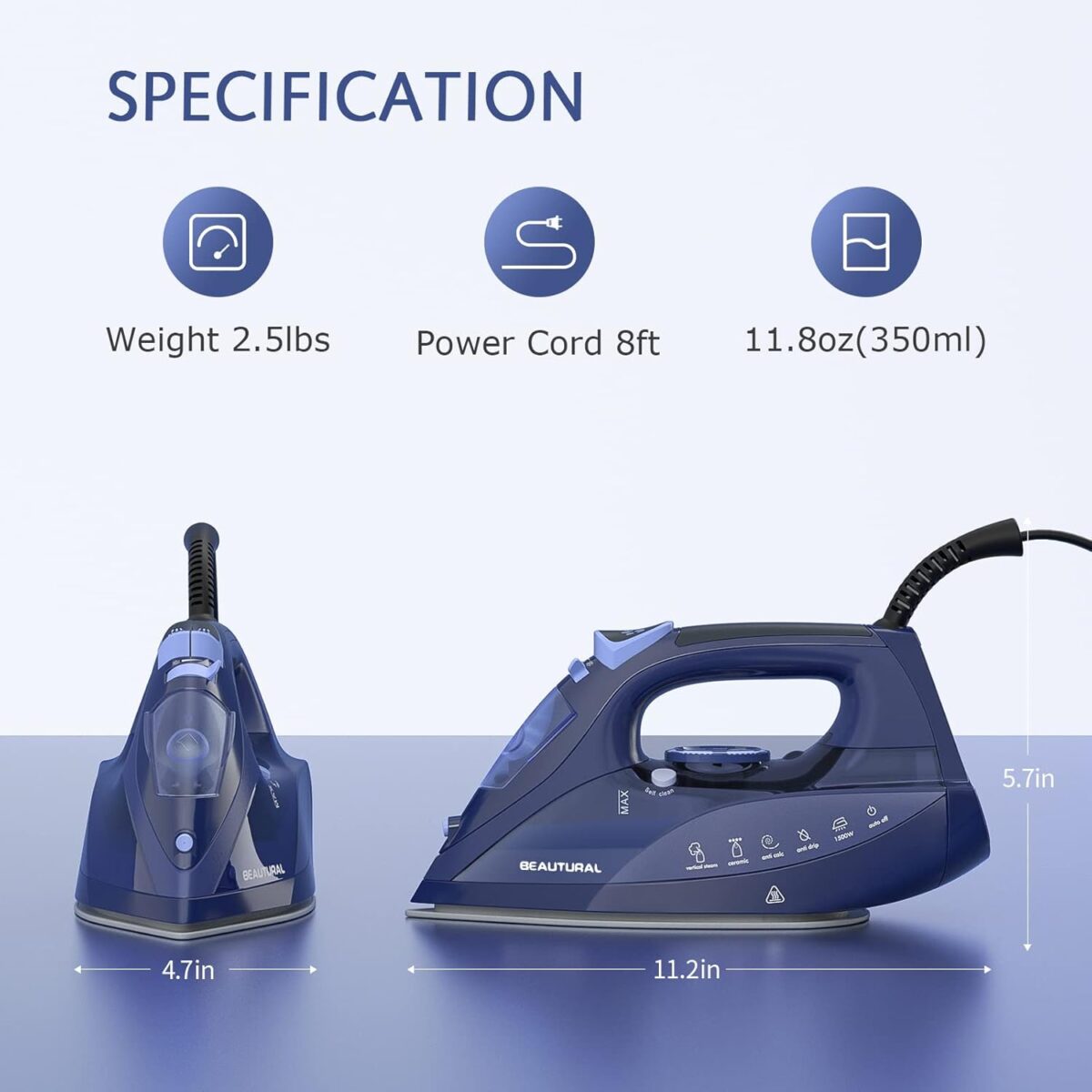 BEAUTURAL Steam Iron for Clothes with Precision Thermostat Dial, Ceramic Coated Soleplate, 3-Way Auto-Off, Self-Cleaning, Anti-Calcium, Anti-Drip Blue - Image 7