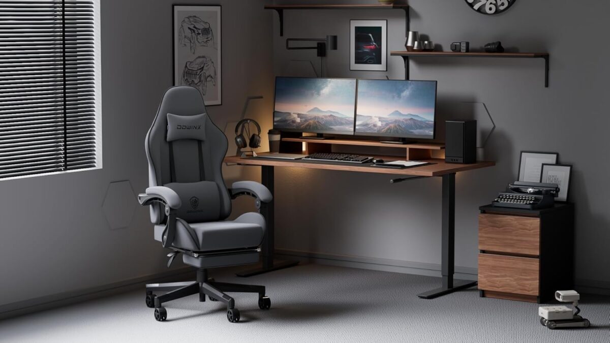 Dowinx Gaming Chair Fabric with Pocket Spring Cushion, Massage Game Chair Cloth with Headrest, Ergonomic Computer Chair with Footrest 290LBS, Black and Grey - Image 3