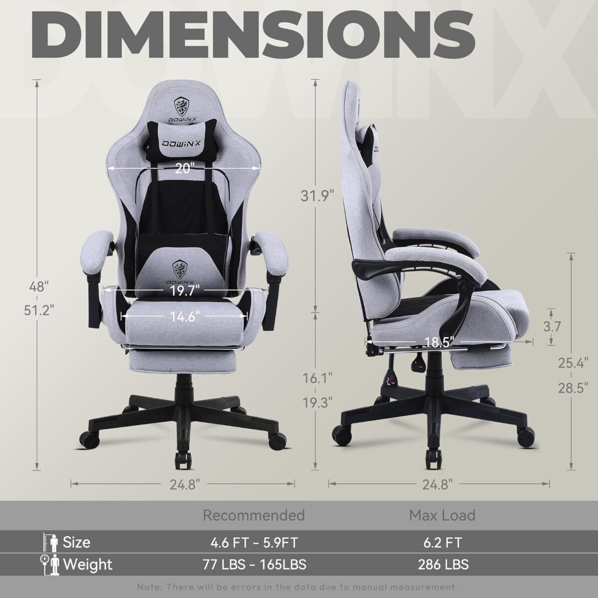 Dowinx Gaming Chair Fabric with Pocket Spring Cushion, Massage Game Chair Cloth with Headrest, Ergonomic Computer Chair with Footrest 290LBS, Black and Grey - Image 4