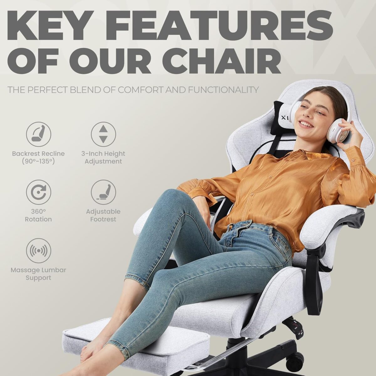 Dowinx Gaming Chair Fabric with Pocket Spring Cushion, Massage Game Chair Cloth with Headrest, Ergonomic Computer Chair with Footrest 290LBS, Black and Grey - Image 8
