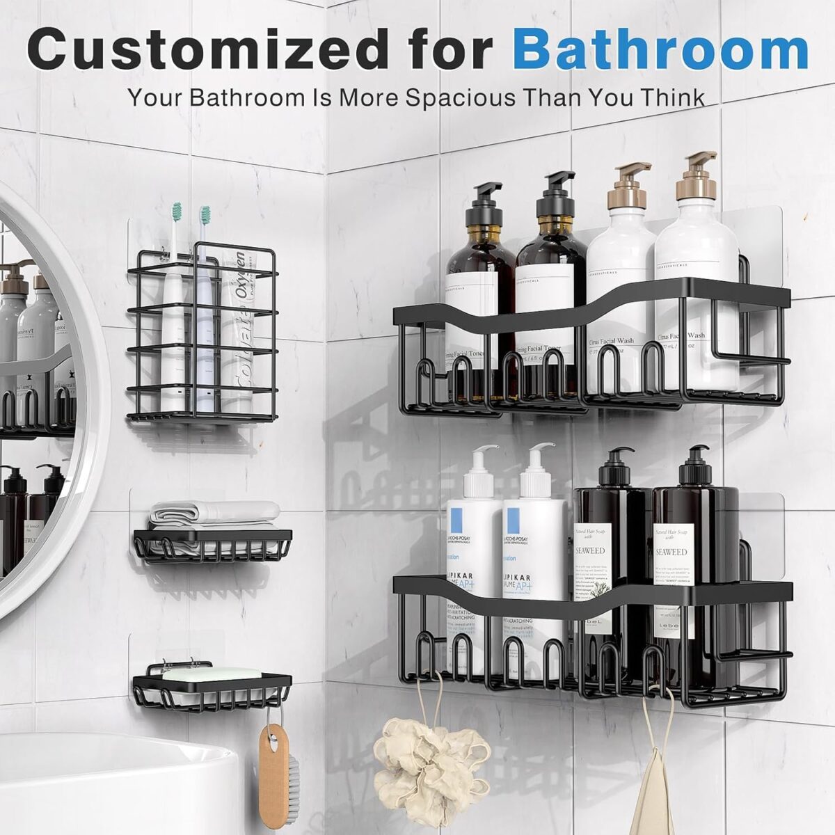 Adhesive Shower Caddy, 5 Pack Rustproof Stainless Steel Bath Organizers With Large Capacity, No Drilling Shelves for Bathroom Storage & Home Decor-XL Size - Image 3