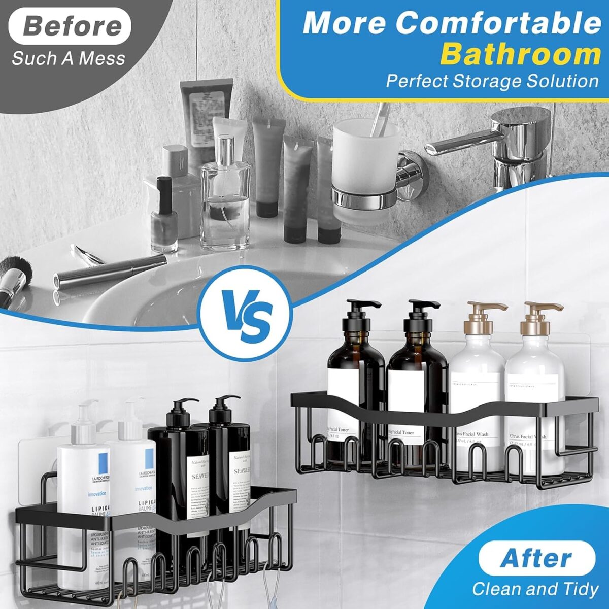 Adhesive Shower Caddy, 5 Pack Rustproof Stainless Steel Bath Organizers With Large Capacity, No Drilling Shelves for Bathroom Storage & Home Decor-XL Size - Image 4