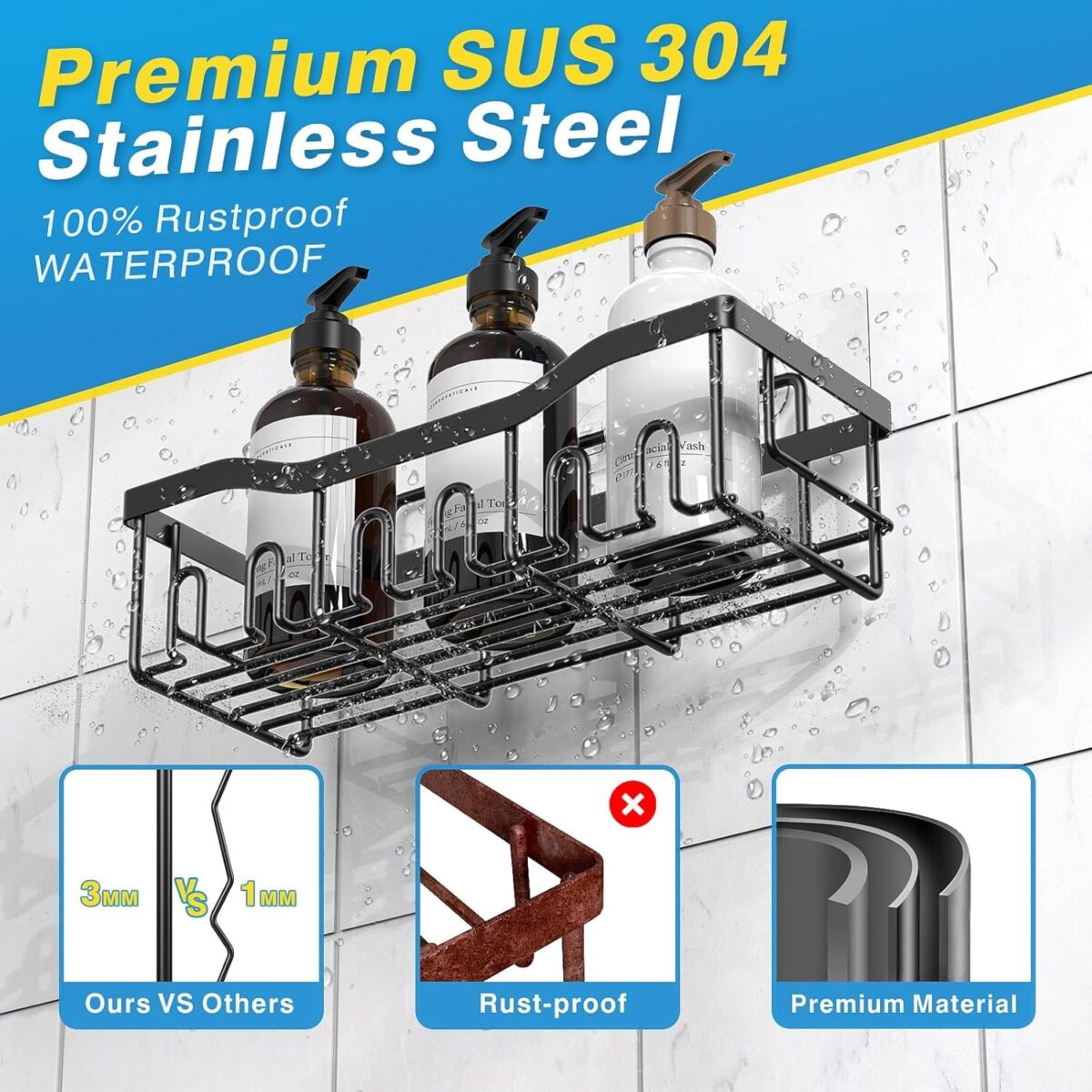 Adhesive Shower Caddy, 5 Pack Rustproof Stainless Steel Bath Organizers With Large Capacity, No Drilling Shelves for Bathroom Storage & Home Decor-XL Size - Image 6