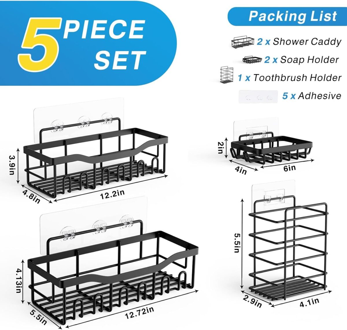 Adhesive Shower Caddy, 5 Pack Rustproof Stainless Steel Bath Organizers With Large Capacity, No Drilling Shelves for Bathroom Storage & Home Decor-XL Size - Image 8