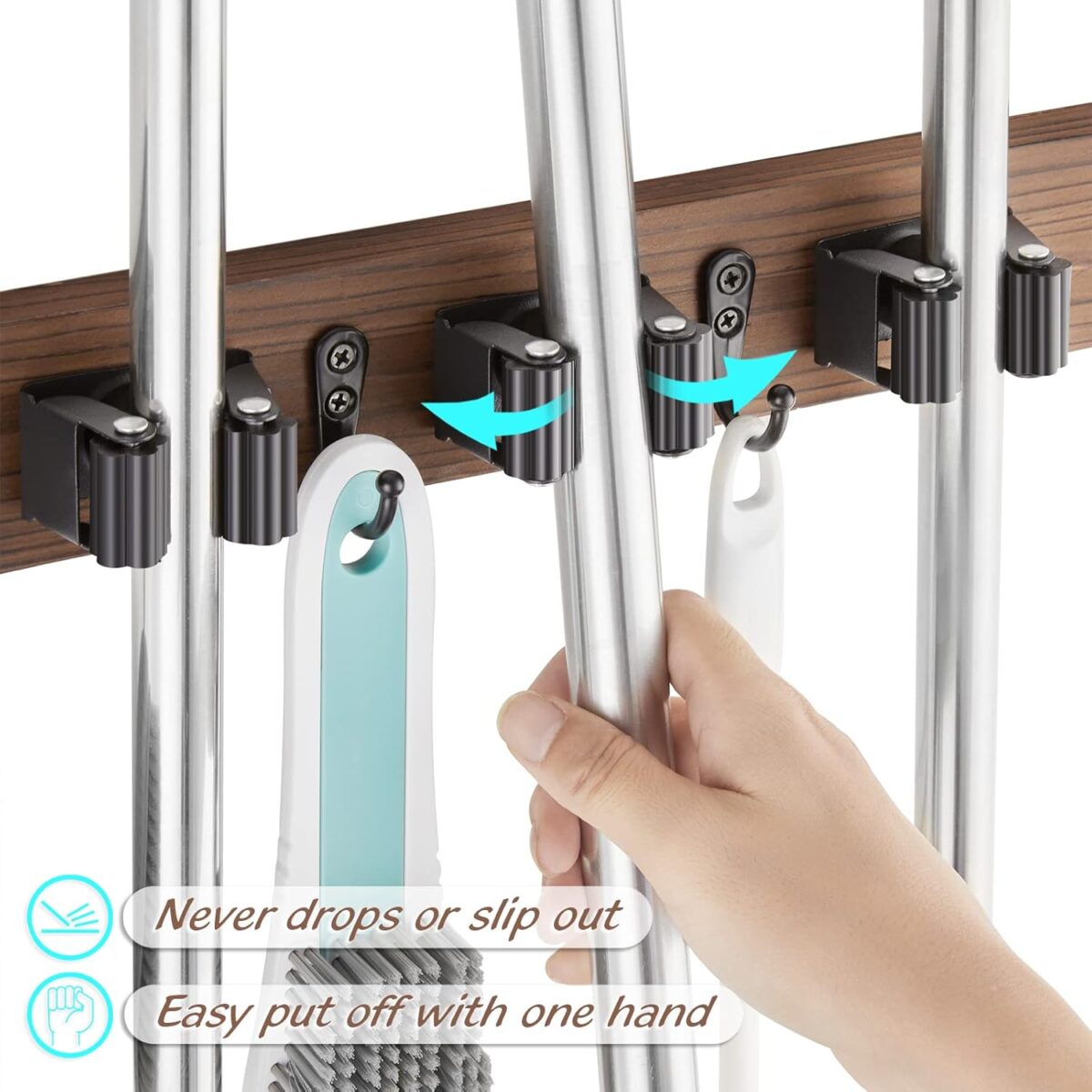Mop and Broom Holder Wall Mount - Rustic Wood Broom Mop Hanger - Wall Mounted Garden Tool Rack Organizer for Closet Garage Laundry Room Kitchen Decor With 4 Slots & 4 Hooks - Image 3