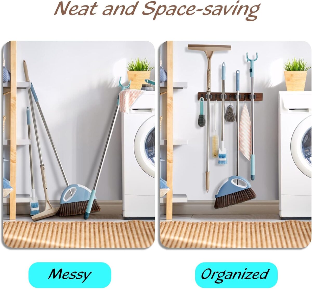 Mop and Broom Holder Wall Mount - Rustic Wood Broom Mop Hanger - Wall Mounted Garden Tool Rack Organizer for Closet Garage Laundry Room Kitchen Decor With 4 Slots & 4 Hooks - Image 4