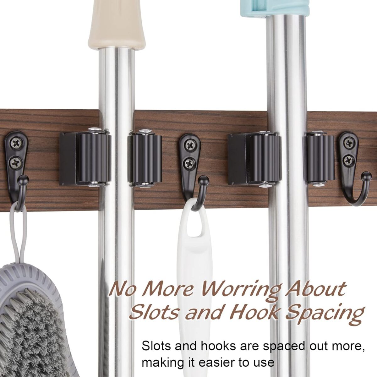 Mop and Broom Holder Wall Mount - Rustic Wood Broom Mop Hanger - Wall Mounted Garden Tool Rack Organizer for Closet Garage Laundry Room Kitchen Decor With 4 Slots & 4 Hooks - Image 5