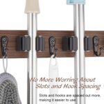 Mop and Broom Holder Wall Mount - Rustic Wood Broom Mop Hanger - Wall Mounted Garden Tool Rack Organizer for Closet Garage Laundry Room Kitchen Decor With 4 Slots & 4 Hooks - Image 5
