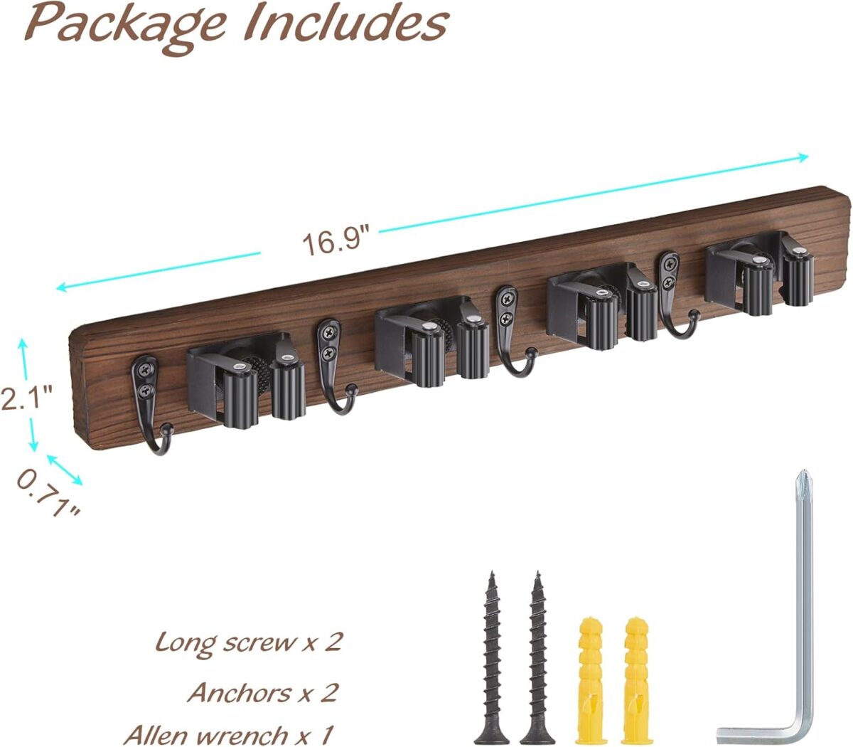 Mop and Broom Holder Wall Mount - Rustic Wood Broom Mop Hanger - Wall Mounted Garden Tool Rack Organizer for Closet Garage Laundry Room Kitchen Decor With 4 Slots & 4 Hooks - Image 7