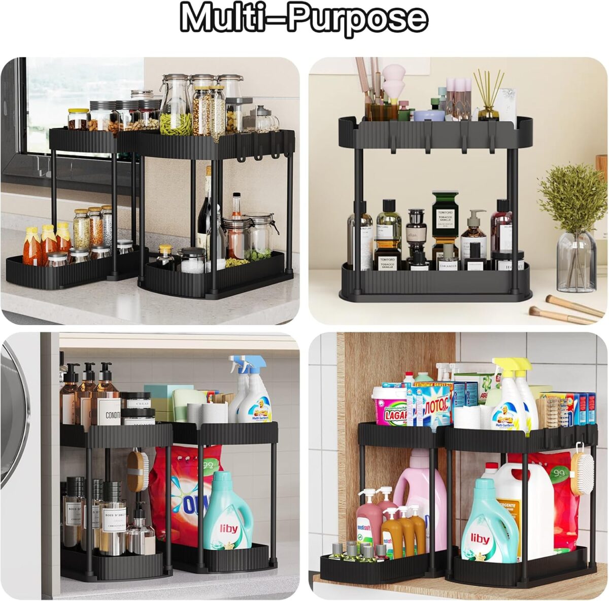 2 Pack Multi-Purpose Pull-Out Storage Organizers, Under Sink Organizers and Storage for Bathroom & Kitchen, Under Cabinet Organizers and storage, 12.8 Inch, Black - Image 7