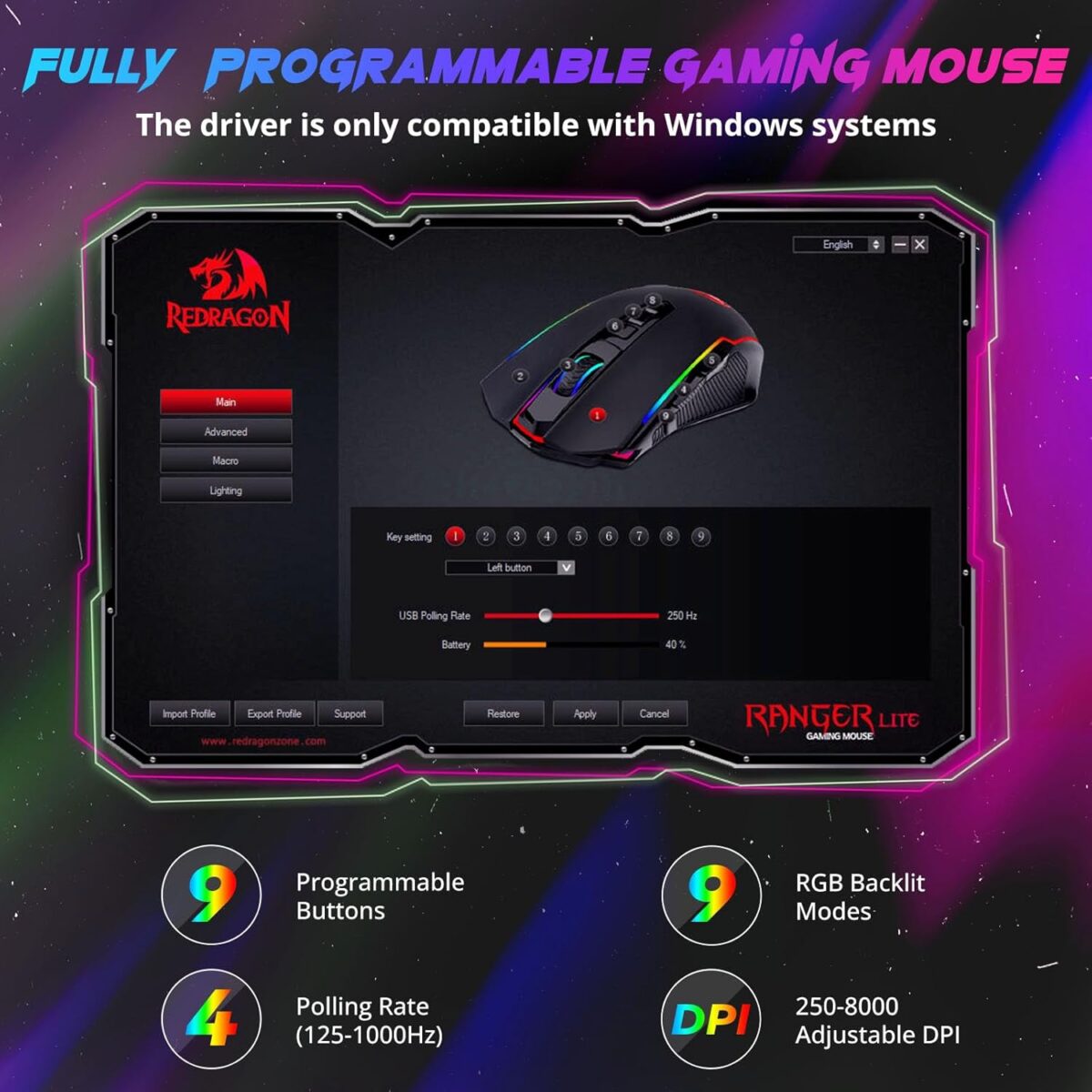 Redragon Gaming Mouse, Wireless Mouse Gaming with 8000 DPI, PC Gaming Mice with Fire Button, RGB Backlit Programmable Ergonomic Mouse Gamer, Rechargeable, 70Hrs for Windows, Mac Gamer, Black - Image 4