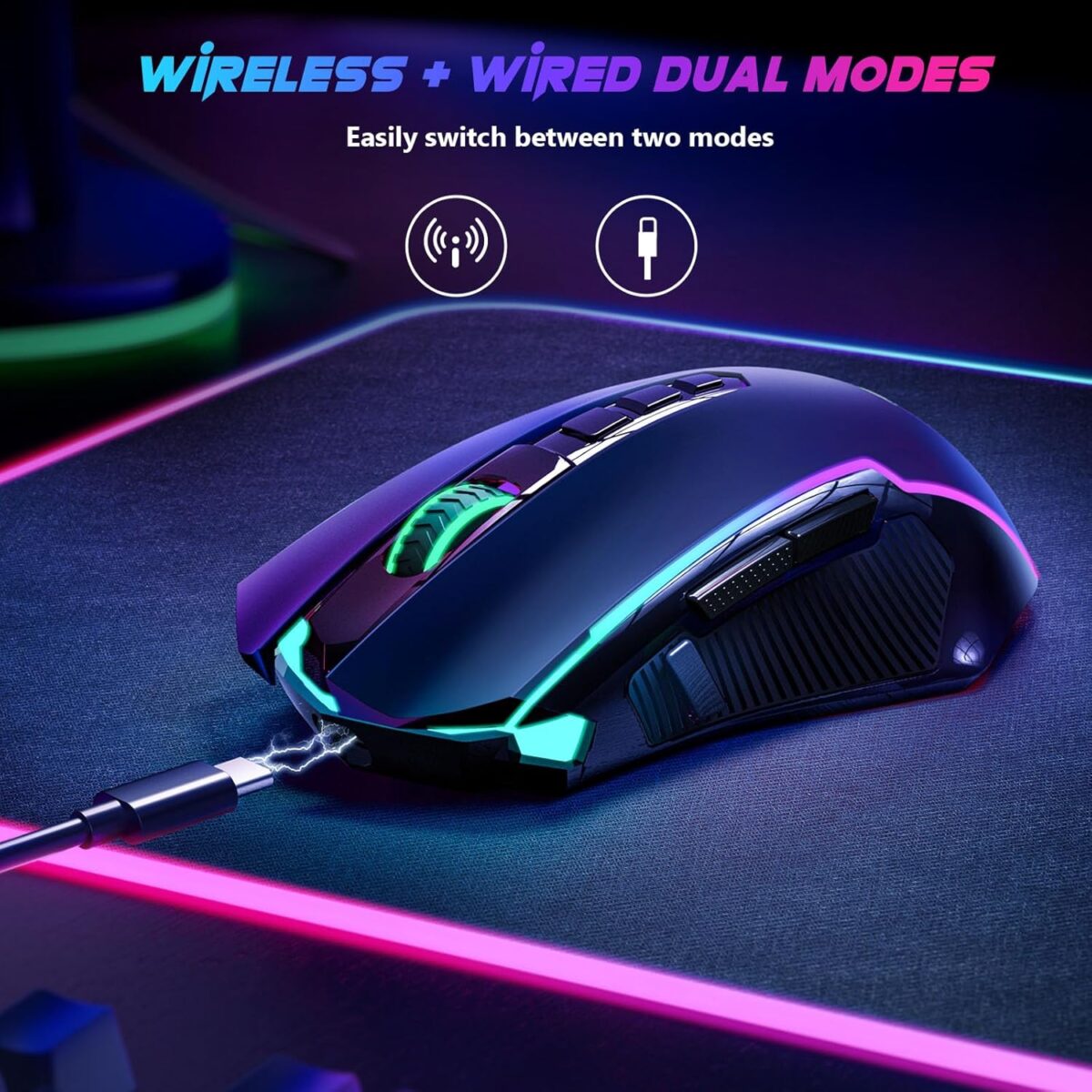 Redragon Gaming Mouse, Wireless Mouse Gaming with 8000 DPI, PC Gaming Mice with Fire Button, RGB Backlit Programmable Ergonomic Mouse Gamer, Rechargeable, 70Hrs for Windows, Mac Gamer, Black - Image 6