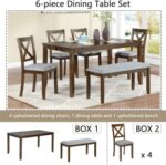 6-Piece Dining Table Set for 4-6 People, Kitchen Set with 4 Upholstered Chairs and One Bench, Living Room Chairs with X-Shape Backrest, Rectangular Wooden Table for Home Bar, Walnut - Image 4