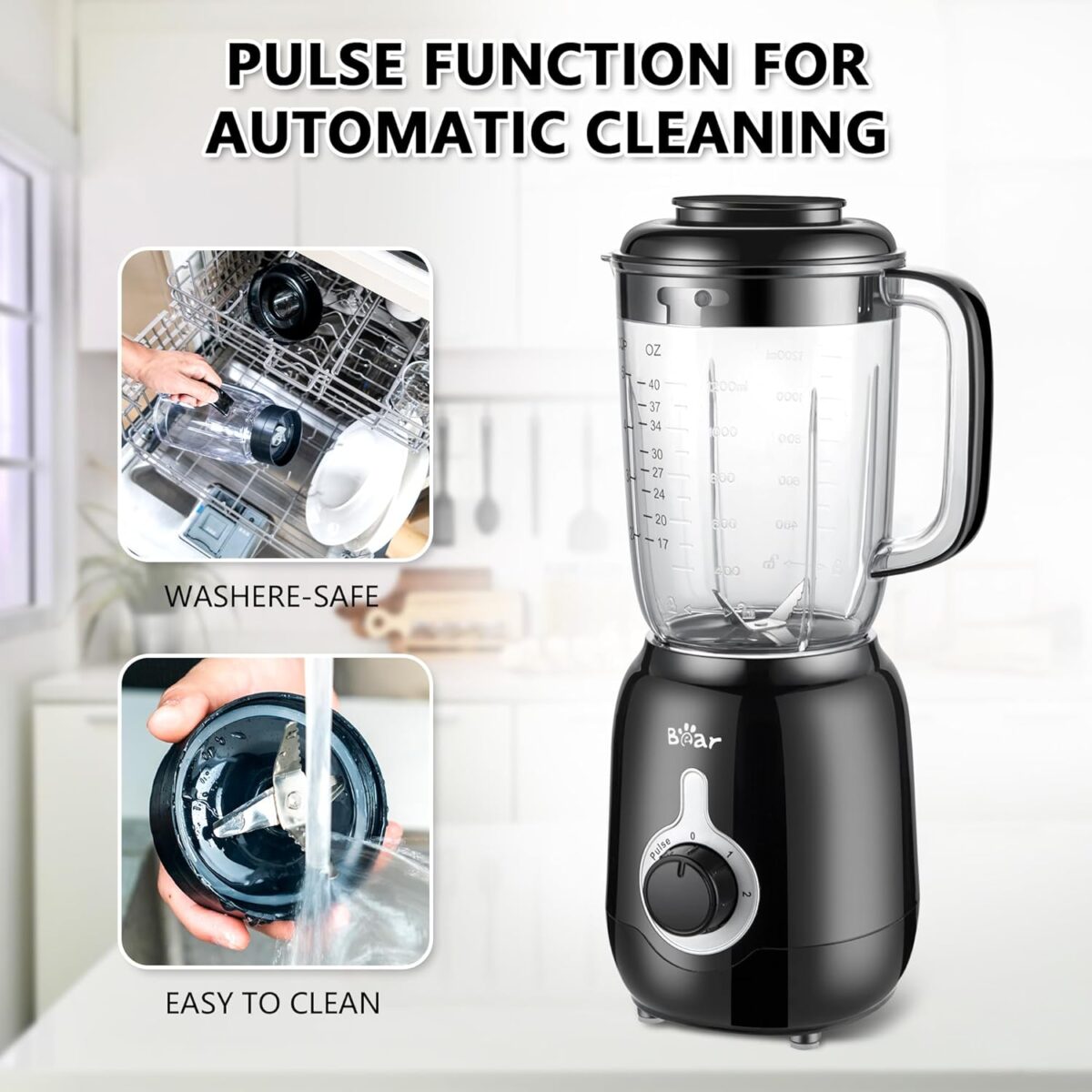 Bear Blender, 2025 New 700W Smoothie Countertop Blender with 40oz Cup for Shakes and Smoothies, 3-Speed for Crushing Ice, Puree and Frozen Fruit with Autonomous Clean - Image 4