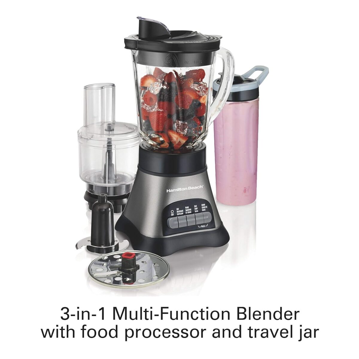 Hamilton Beach Blender and Food Processor Combo for Shakes & Smoothies, With 3 Cup Electric Food Chopper Attachment, 40 oz Glass Jar, Blender Travel Cup, 700 Watts Peak Power, Gray & Black (58163) - Image 3