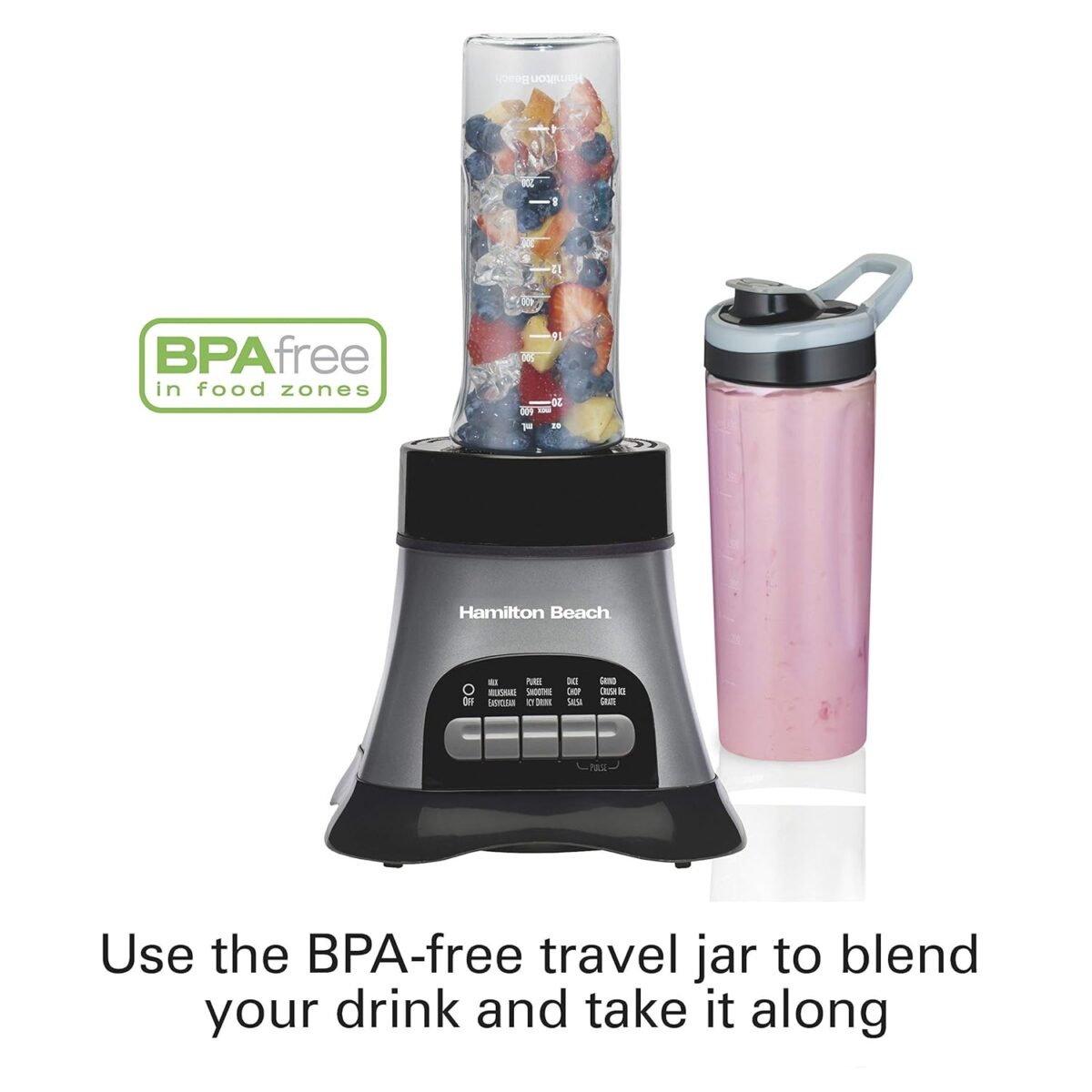 Hamilton Beach Blender and Food Processor Combo for Shakes & Smoothies, With 3 Cup Electric Food Chopper Attachment, 40 oz Glass Jar, Blender Travel Cup, 700 Watts Peak Power, Gray & Black (58163) - Image 5
