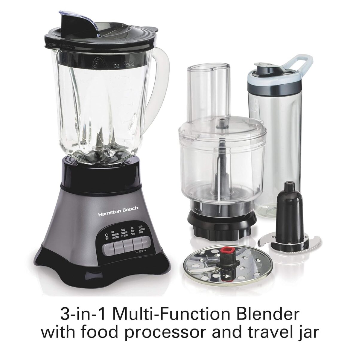 Hamilton Beach Blender and Food Processor Combo for Shakes & Smoothies, With 3 Cup Electric Food Chopper Attachment, 40 oz Glass Jar, Blender Travel Cup, 700 Watts Peak Power, Gray & Black (58163) - Image 7