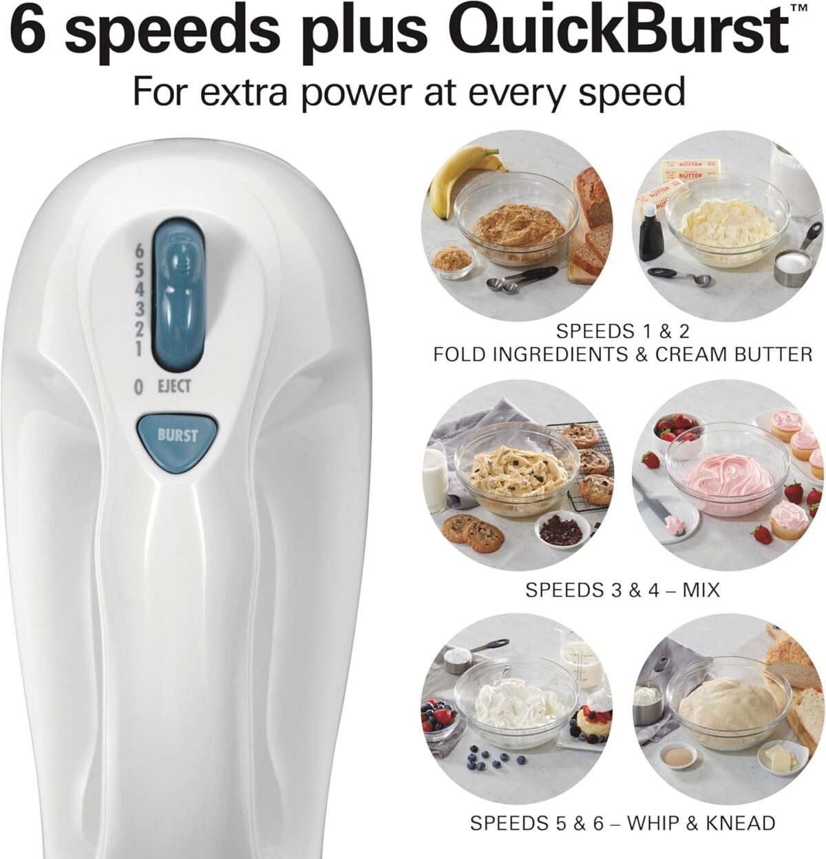 Hamilton Beach 6-Speed Electric Hand Mixer with Whisk, Traditional Beaters, Snap-On Storage Case, 250 Watts, White - Image 4
