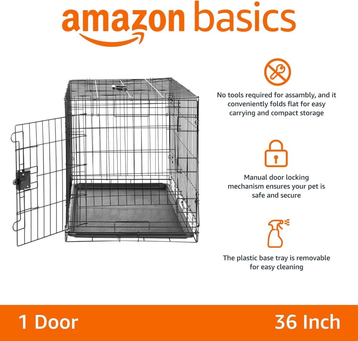 Amazon Basics Durable, Foldable, Collapsible, Portable Metal Wire Dog Crate with Tray, Single Door with Divider Panel, Easy to Assemble & Clean, 36 x 23 x 25 in, Black - Image 3