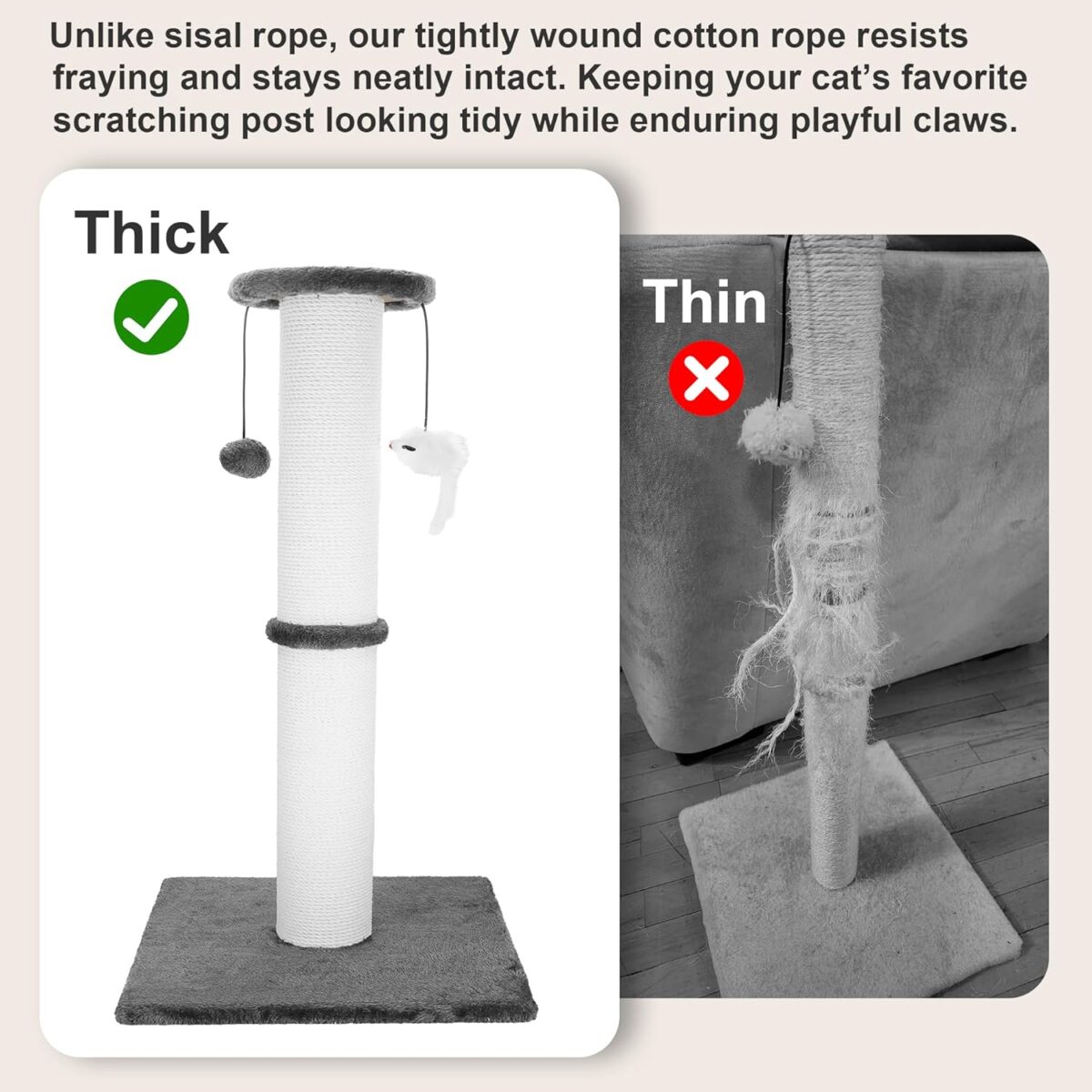 Cat Scratching Post 34 Inches Heavy Duty and Thicker Cat Scratching Post Sisal Rope with Hanging Ball and Mice Scratching Post for Indoor Cats and Adult(Grey) - Image 4