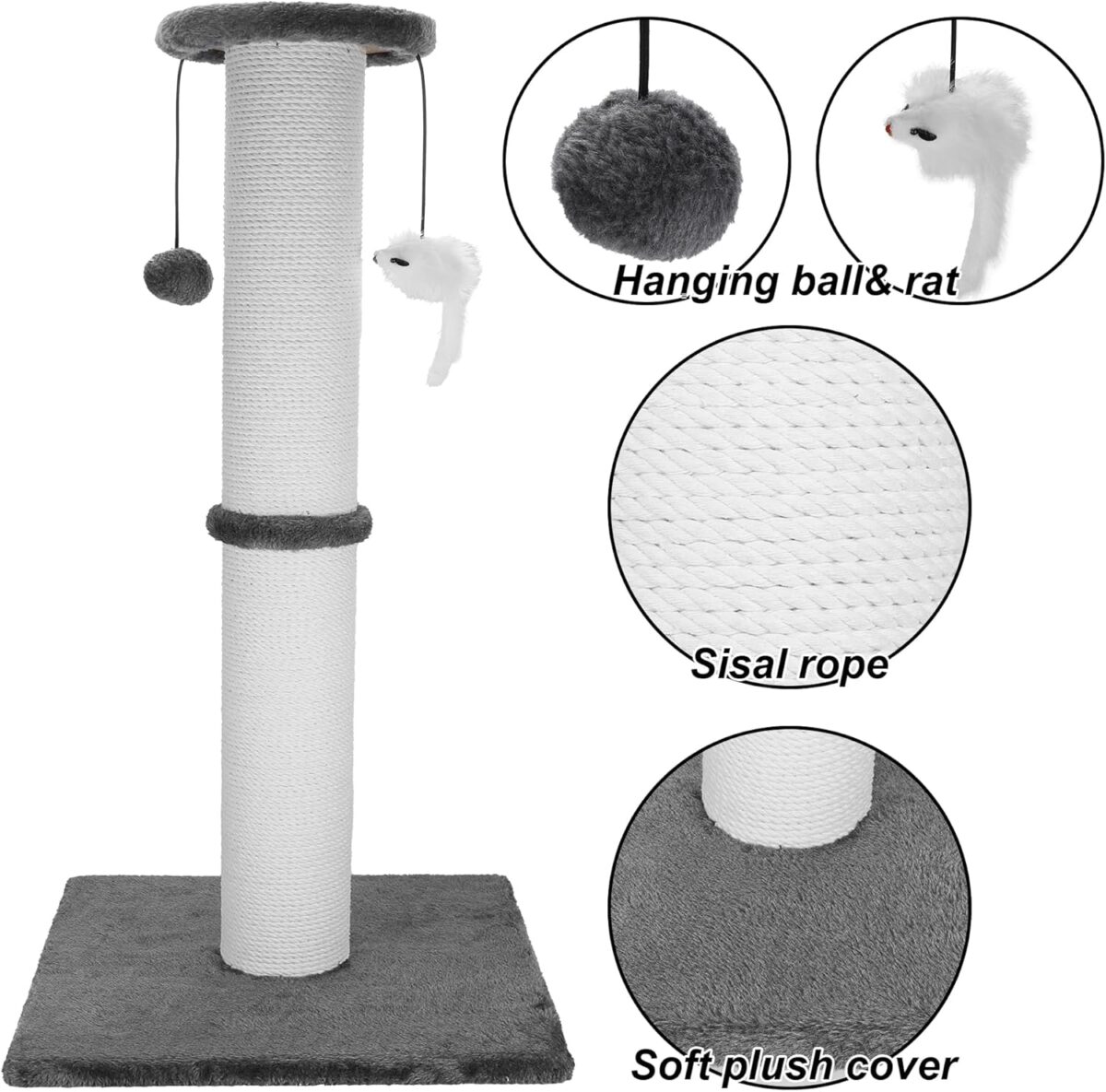 Cat Scratching Post 34 Inches Heavy Duty and Thicker Cat Scratching Post Sisal Rope with Hanging Ball and Mice Scratching Post for Indoor Cats and Adult(Grey) - Image 6