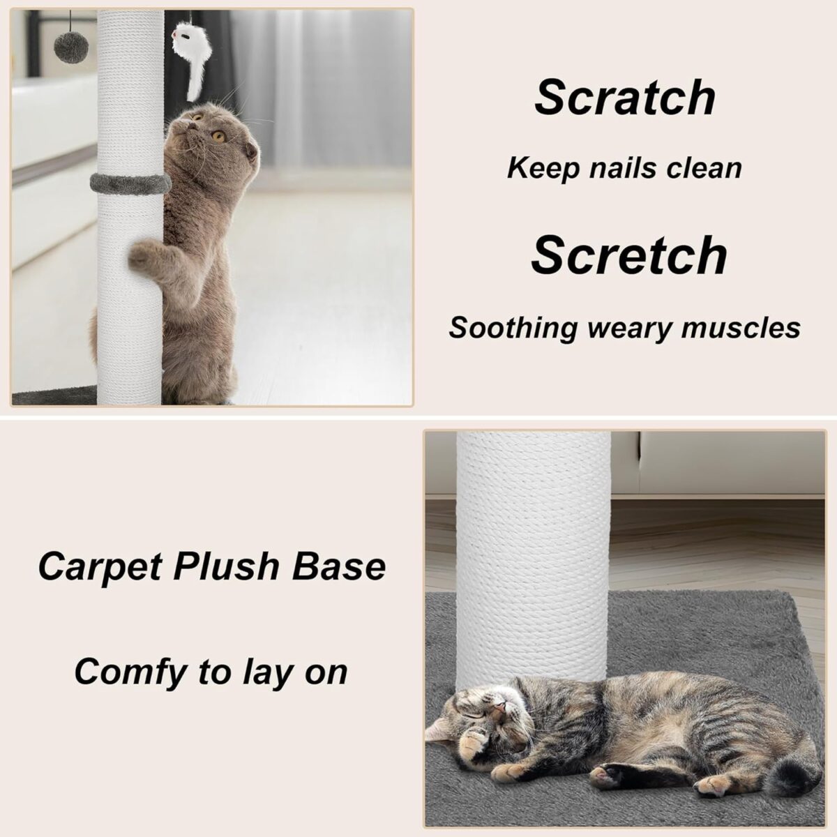 Cat Scratching Post 34 Inches Heavy Duty and Thicker Cat Scratching Post Sisal Rope with Hanging Ball and Mice Scratching Post for Indoor Cats and Adult(Grey) - Image 8