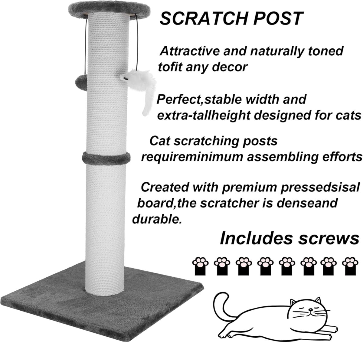 Cat Scratching Post 34 Inches Heavy Duty and Thicker Cat Scratching Post Sisal Rope with Hanging Ball and Mice Scratching Post for Indoor Cats and Adult(Grey) - Image 9