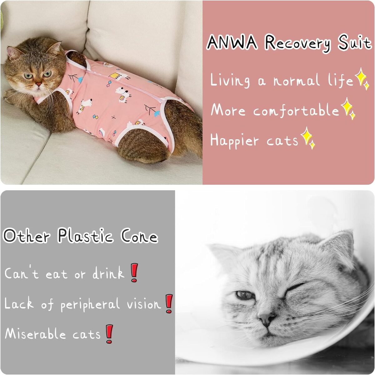 ANWA 2 Pack Cat Recovery Suit - Breathable Cat Onesie for Cats After Surgery Female, Kitten Surgery Recovery Suit Female Abdominal Wounds - Image 8