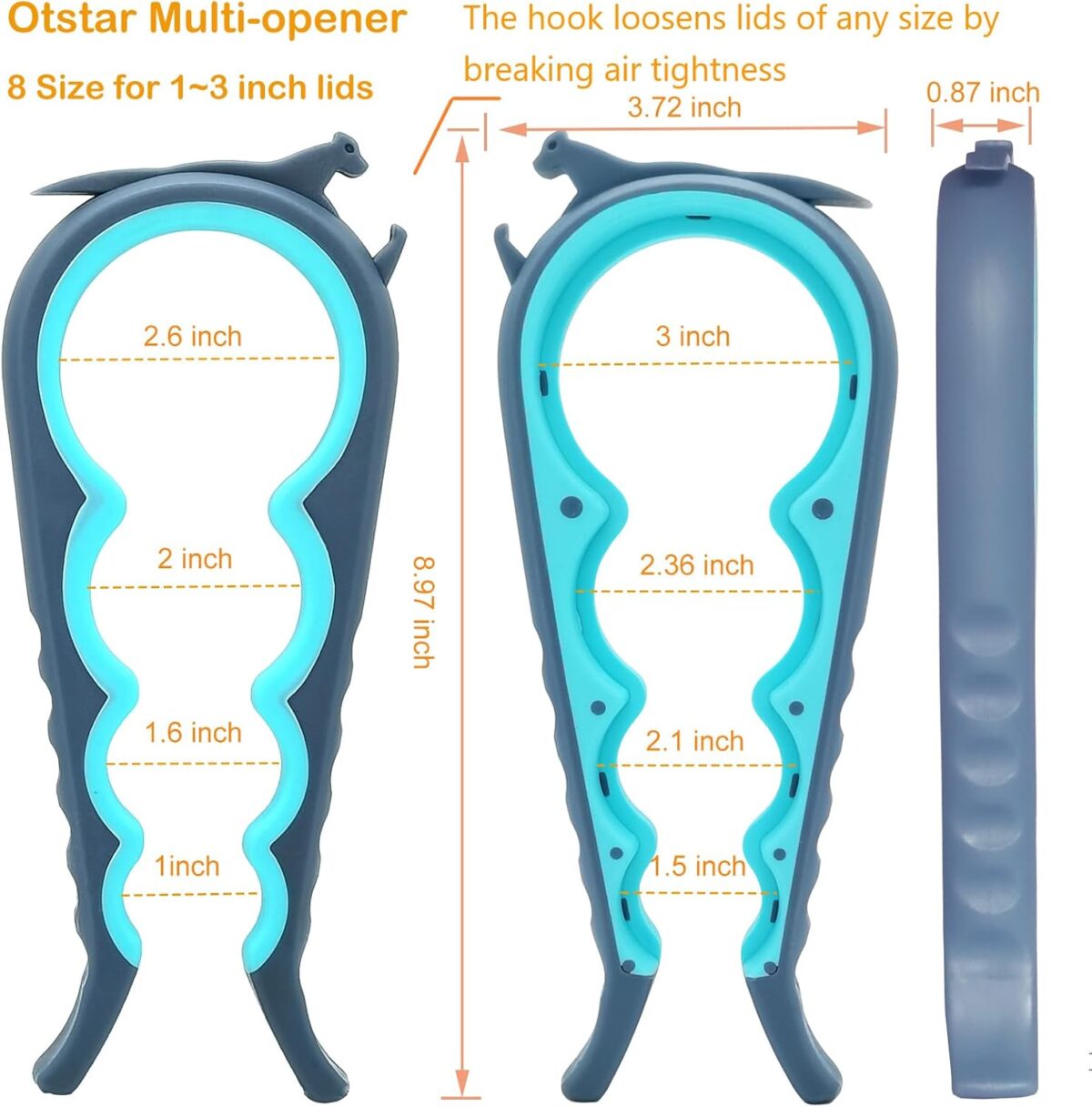 Otstar Jar Opener Bottle Opener and Can Opener for Weak hands, Seniors with Arthritis and Anyone with Low Strength, Mutil Jar Opener Get Lids Off Easily (Blue and Grey) - Image 3