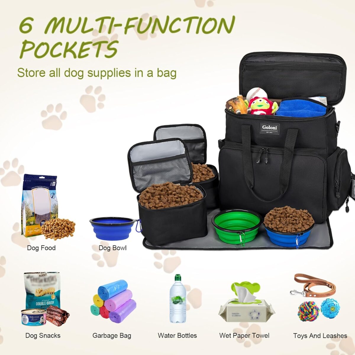 Dog Travel Bag Airline Approved–Pet Travel Tote with Collapsible Bowls,Food Containers & Feeding Mat–Multi-Pocket Organizer for Dogs & Cats, Durable & Water-Resistant for Hiking,Trips,Outdoors - Image 5