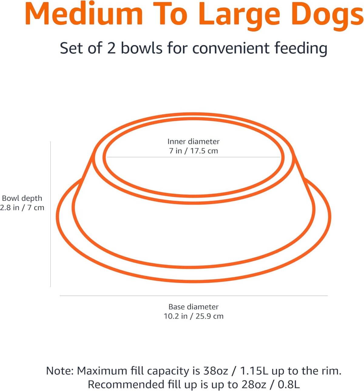 Amazon Basics Stainless Steel Non-Skid Pet Dog Water And Food Bowl, 2-Pack (10 x 2.8 Inches), Each Holds Up to 38oz - Image 3