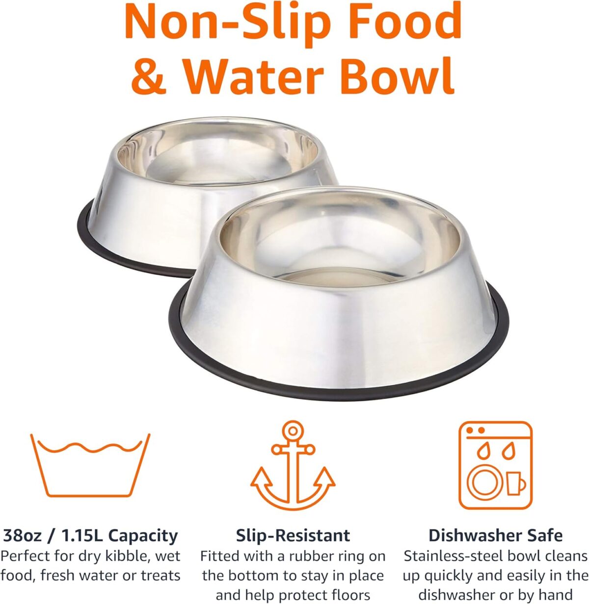 Amazon Basics Stainless Steel Non-Skid Pet Dog Water And Food Bowl, 2-Pack (10 x 2.8 Inches), Each Holds Up to 38oz - Image 4