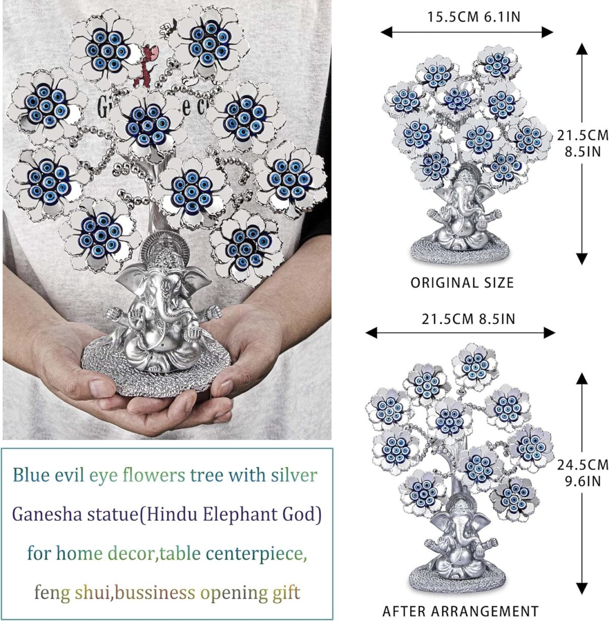 Evil Eye Flowers Lucky Tree with Silver Ganesha Hindu Elephant God Statue Home Office Feng Shui Protection Ornament Blessing Gift - Image 3