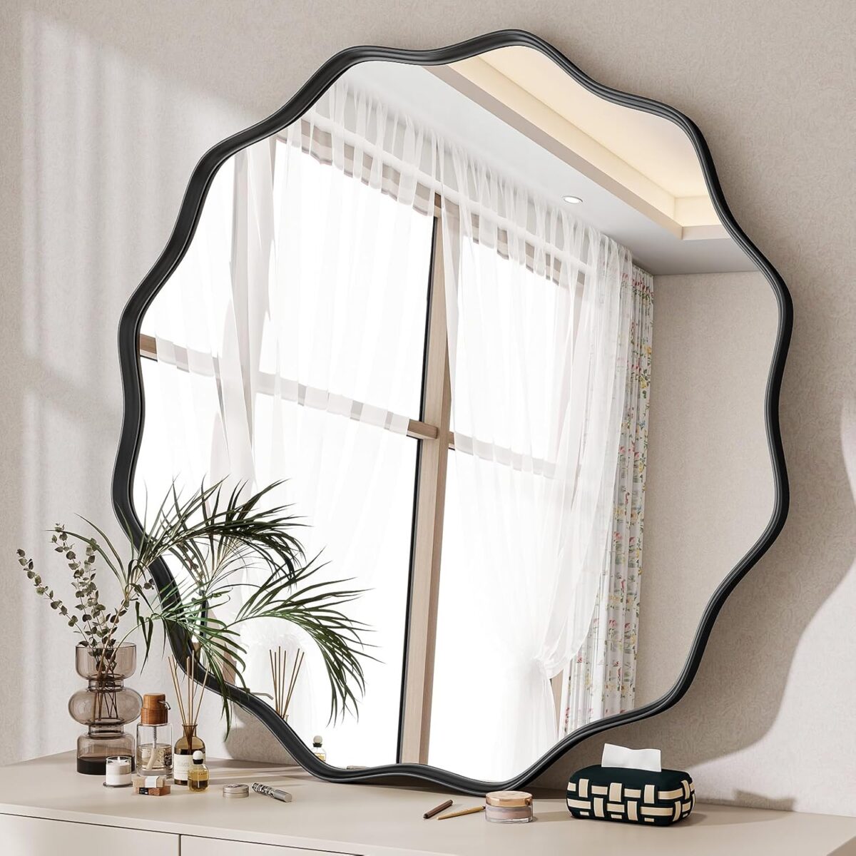 Round Wavy Mirror, 30 Inch Metal Frame Circle Mirror, Round Wall Mounted for Entryway, Bathroom, Vanity, Living Room, Black - Image 3