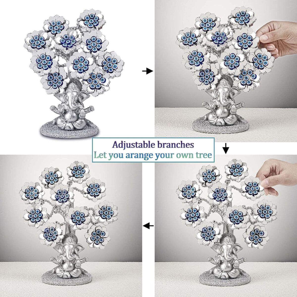 Evil Eye Flowers Lucky Tree with Silver Ganesha Hindu Elephant God Statue Home Office Feng Shui Protection Ornament Blessing Gift - Image 4