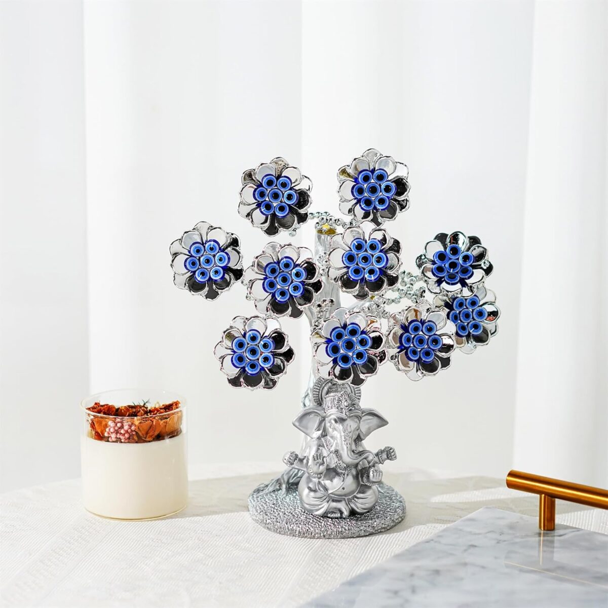 Evil Eye Flowers Lucky Tree with Silver Ganesha Hindu Elephant God Statue Home Office Feng Shui Protection Ornament Blessing Gift - Image 5