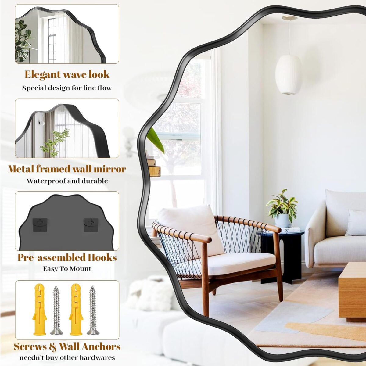 Round Wavy Mirror, 30 Inch Metal Frame Circle Mirror, Round Wall Mounted for Entryway, Bathroom, Vanity, Living Room, Black - Image 5