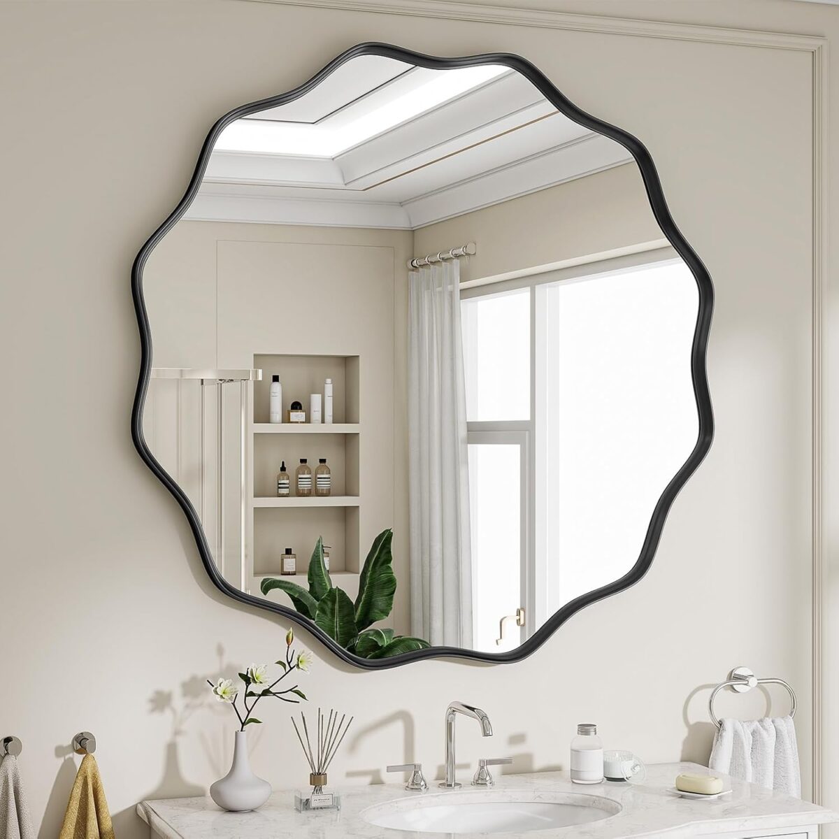 Round Wavy Mirror, 30 Inch Metal Frame Circle Mirror, Round Wall Mounted for Entryway, Bathroom, Vanity, Living Room, Black - Image 6