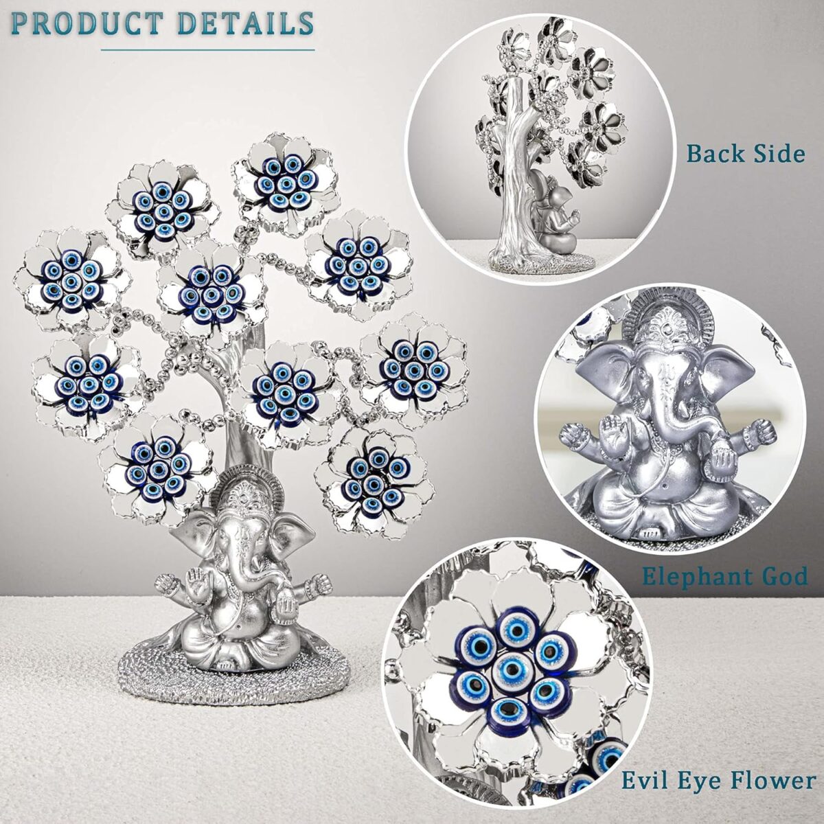 Evil Eye Flowers Lucky Tree with Silver Ganesha Hindu Elephant God Statue Home Office Feng Shui Protection Ornament Blessing Gift - Image 7