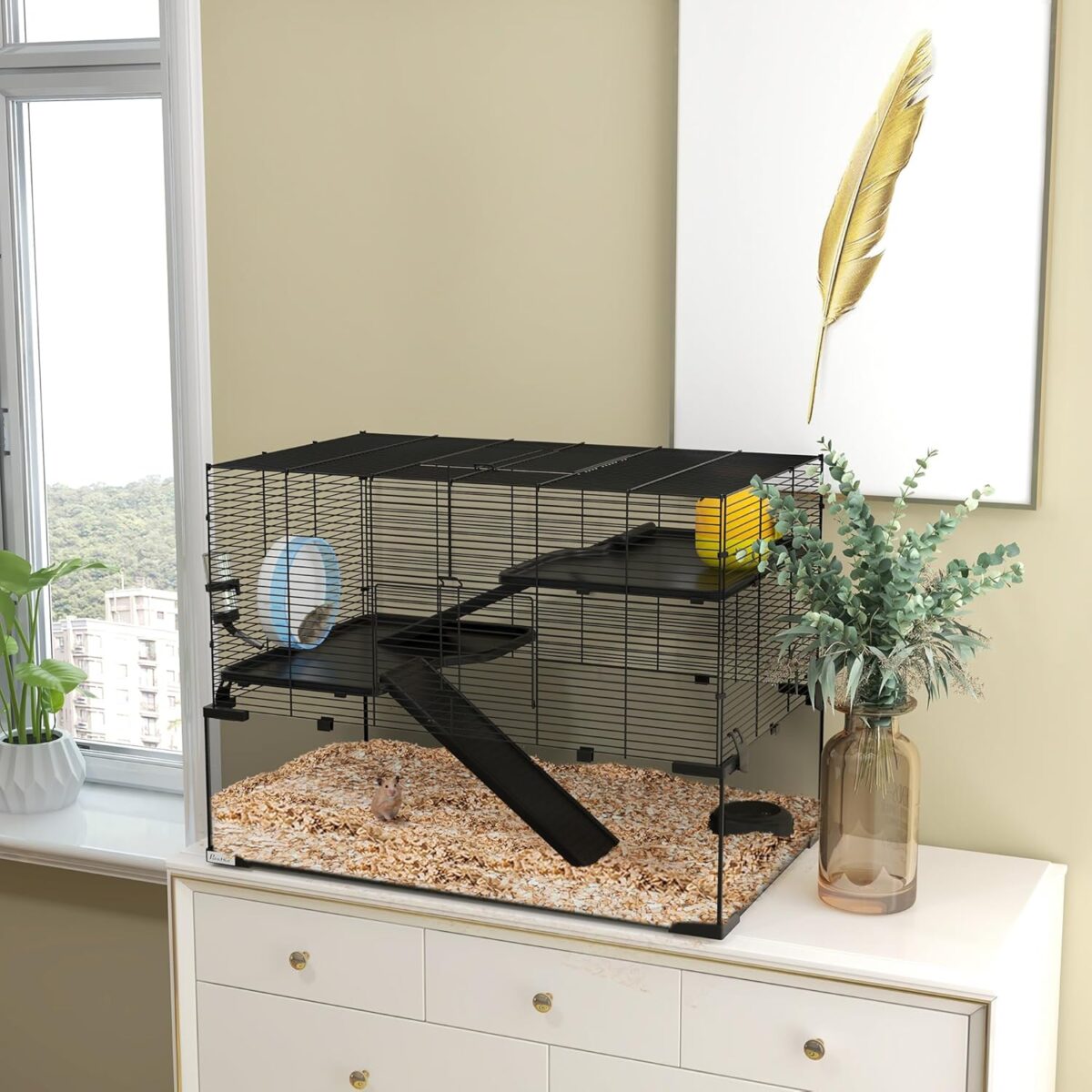 PawHut Large Hamster Cage with Deep Tempered Glass Bottom, 3 Tiers Hamster Tank with Running Wheel, Hut, Water Bottle, Dish, Rat Cage for Syrian, Dwarf, Gerbils, Mouse, 31" x 19" x 21.5", Black - Image 3