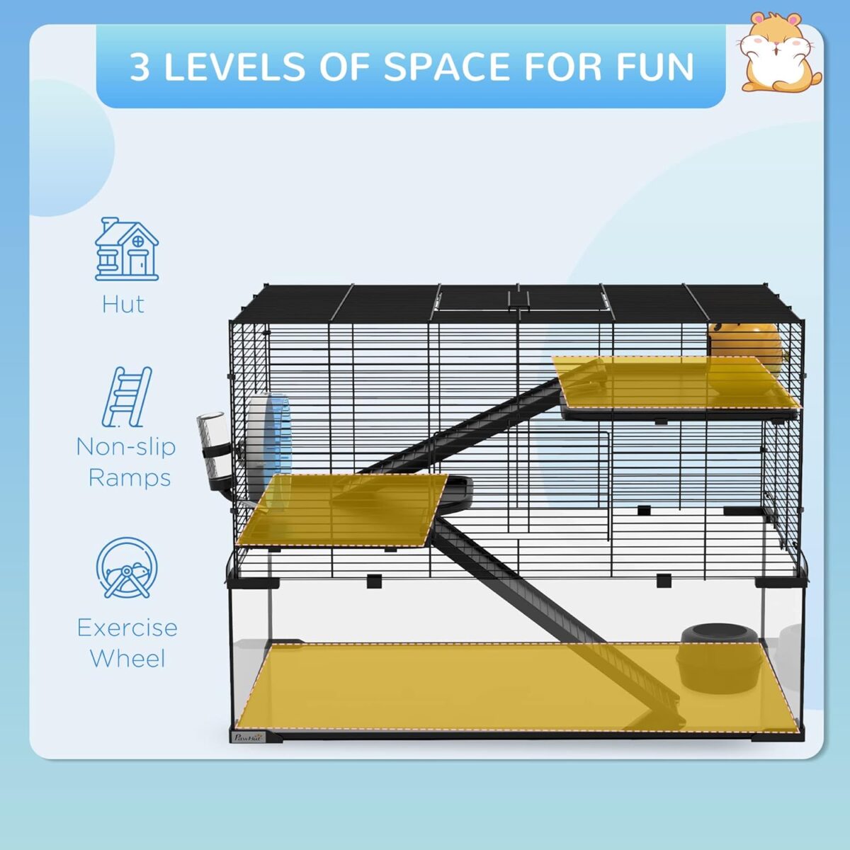 PawHut Large Hamster Cage with Deep Tempered Glass Bottom, 3 Tiers Hamster Tank with Running Wheel, Hut, Water Bottle, Dish, Rat Cage for Syrian, Dwarf, Gerbils, Mouse, 31" x 19" x 21.5", Black - Image 4