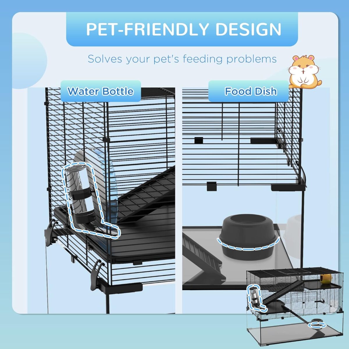 PawHut Large Hamster Cage with Deep Tempered Glass Bottom, 3 Tiers Hamster Tank with Running Wheel, Hut, Water Bottle, Dish, Rat Cage for Syrian, Dwarf, Gerbils, Mouse, 31" x 19" x 21.5", Black - Image 5