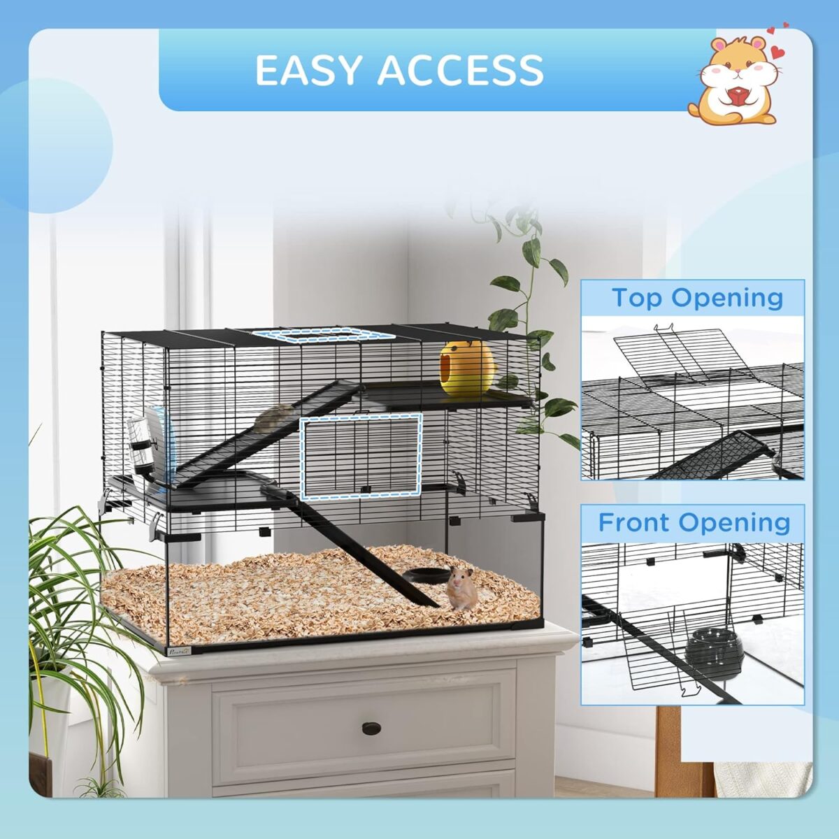 PawHut Large Hamster Cage with Deep Tempered Glass Bottom, 3 Tiers Hamster Tank with Running Wheel, Hut, Water Bottle, Dish, Rat Cage for Syrian, Dwarf, Gerbils, Mouse, 31" x 19" x 21.5", Black - Image 7